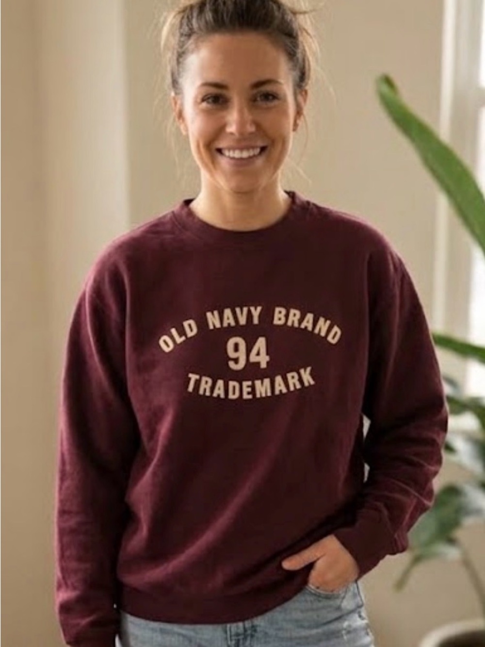 Old Navy Women's Maroon Crewneck Sweatshirt with Cream Logo